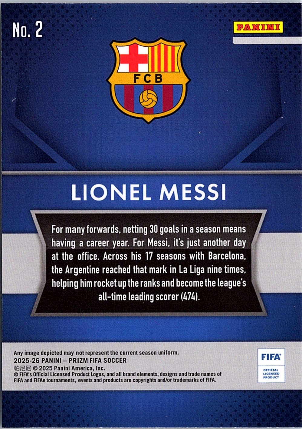 2025-26 Lionel Messi panini prizm NM (Back)