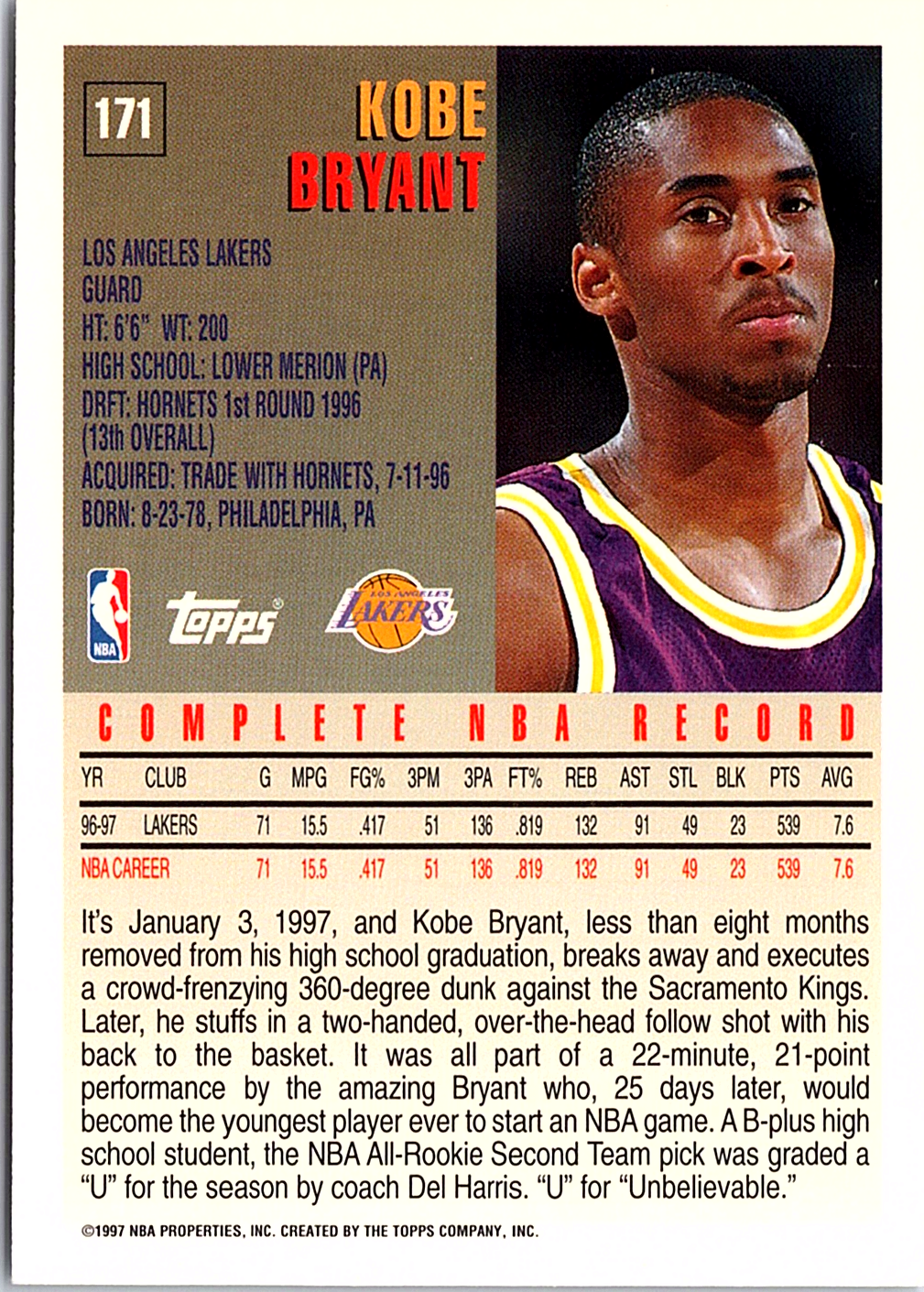 1997-98 Topps - Minted in Springfield Kobe Bryant Basketball Los Angeles Lakers (Back)
