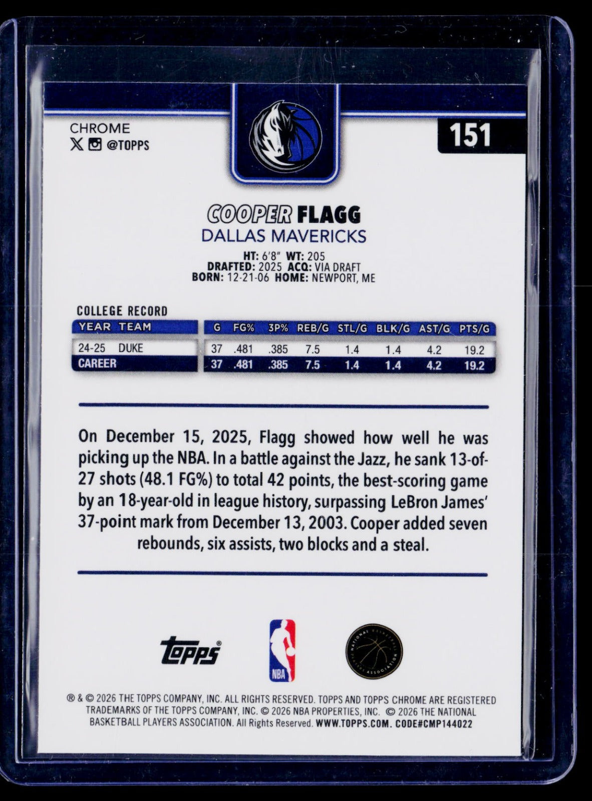 Cooper Flagg Topps Chrome Update - RayWave Refractor 151 NM