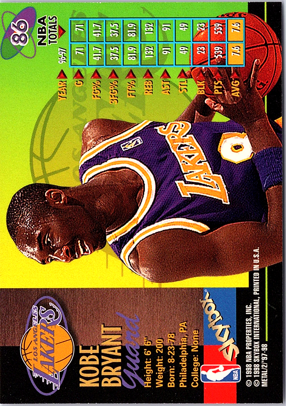 Kobe Bryant Metal Universe Championship 86 NM (Back)