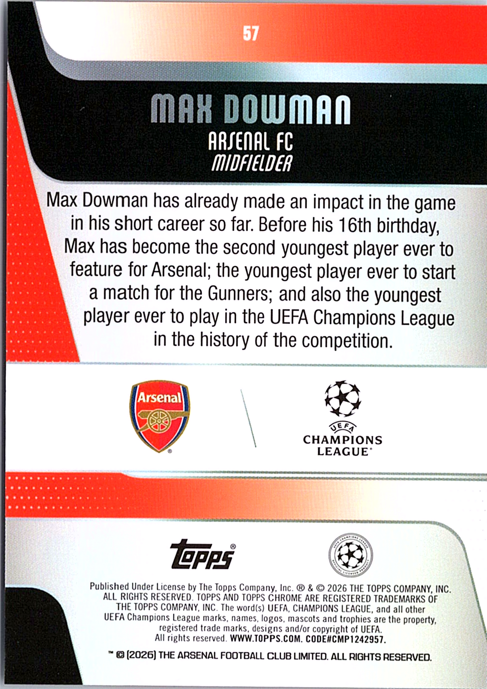 2025-26 Topps Arsenal Team Set Max Dowman 7 Soccer Arsenal FC (Back)