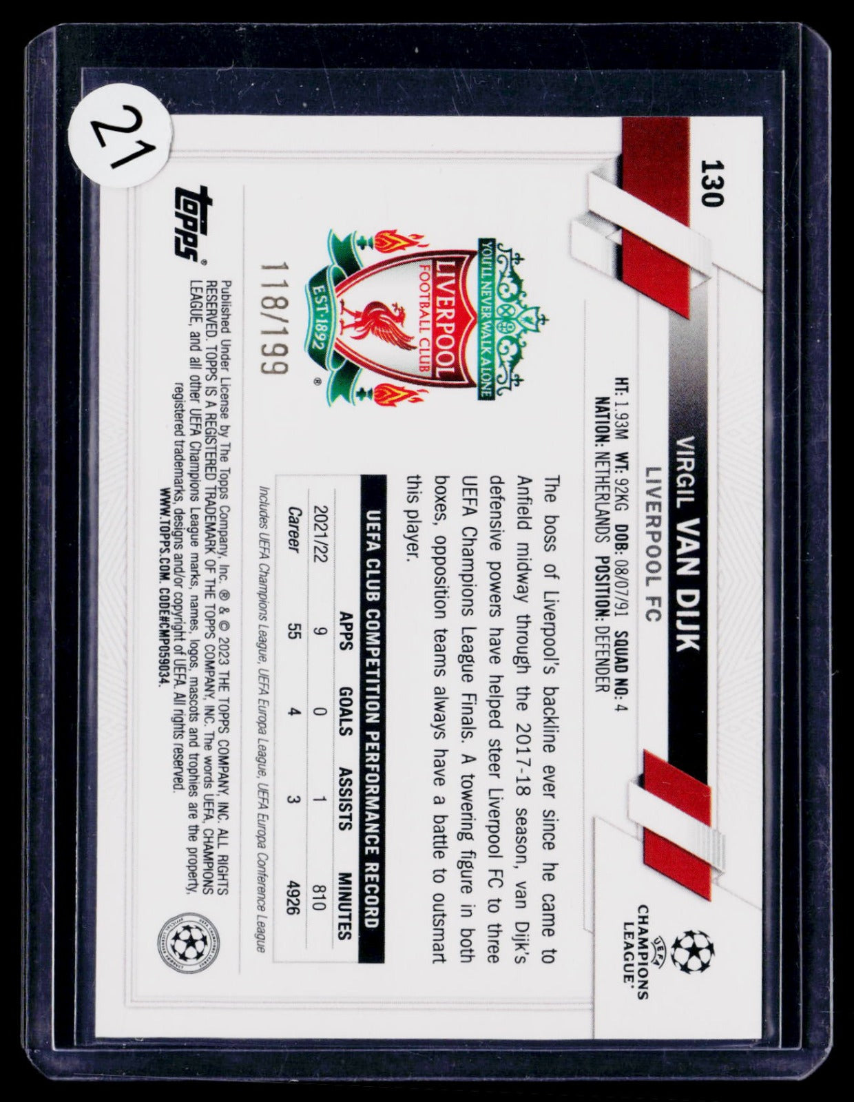 Virgil van Dijk Topps Chrome UEFA Club Competitions - Aqua Refractor 130 NM