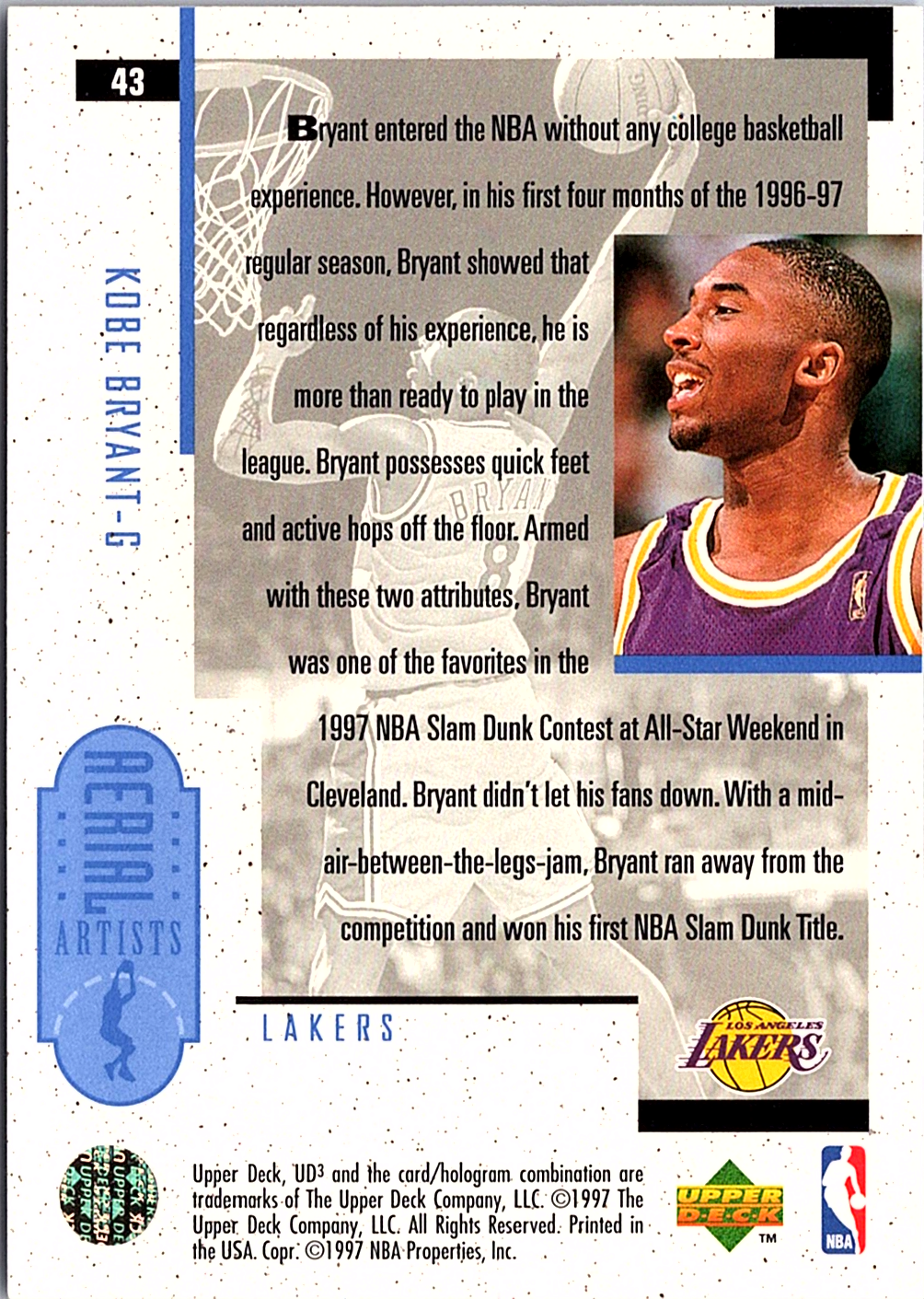 1996-97 Upper Deck UD3 Kobe Bryant 43 Basketball Los Angeles Lakers (Back)