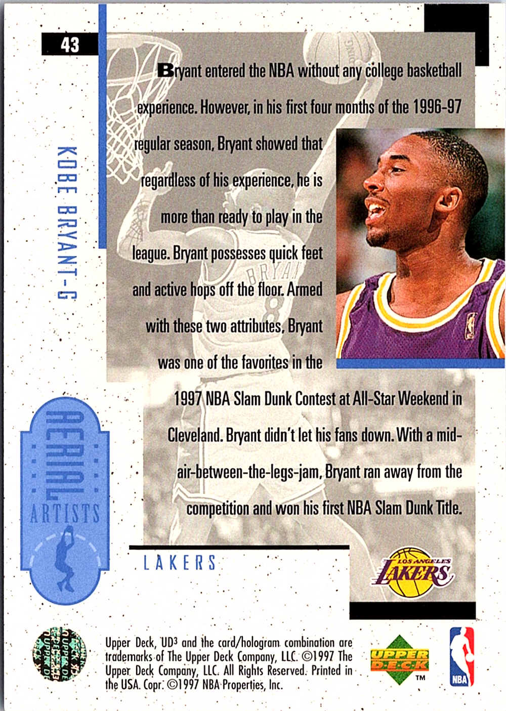 1996-97 Upper Deck UD3 Kobe Bryant 43 Basketball Los Angeles Lakers (Back)