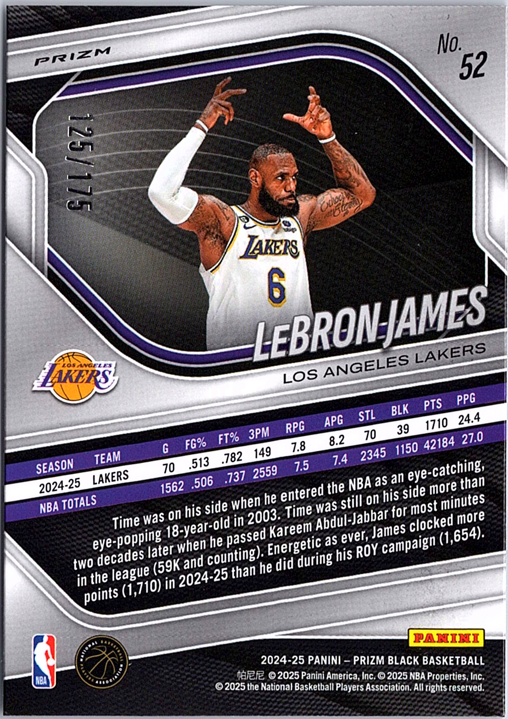 LeBron James Panini Prizm Black - White Prizms 52 NM (Back)