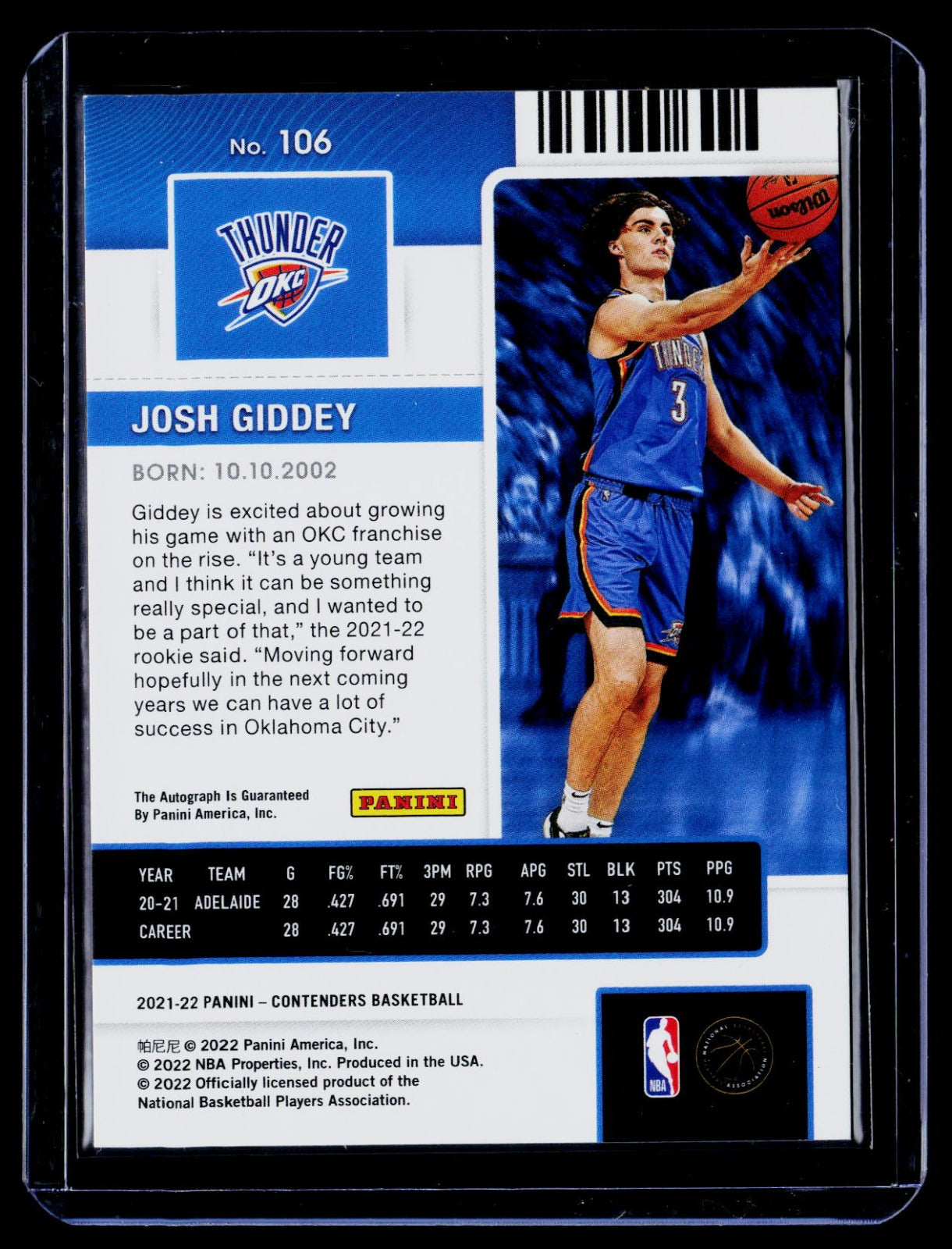 Josh Giddey Panini Contenders auto 106 NM