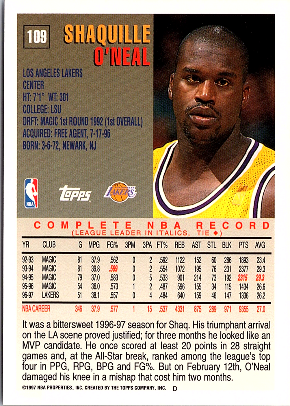 Shaquille O'Neal Topps 109 NM (Back)