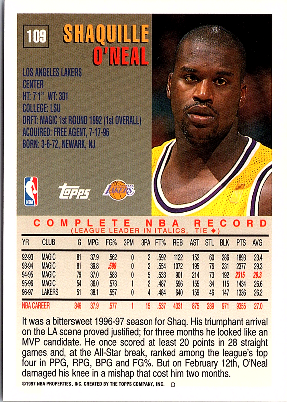 Shaquille O'Neal Topps 109 NM (Back)