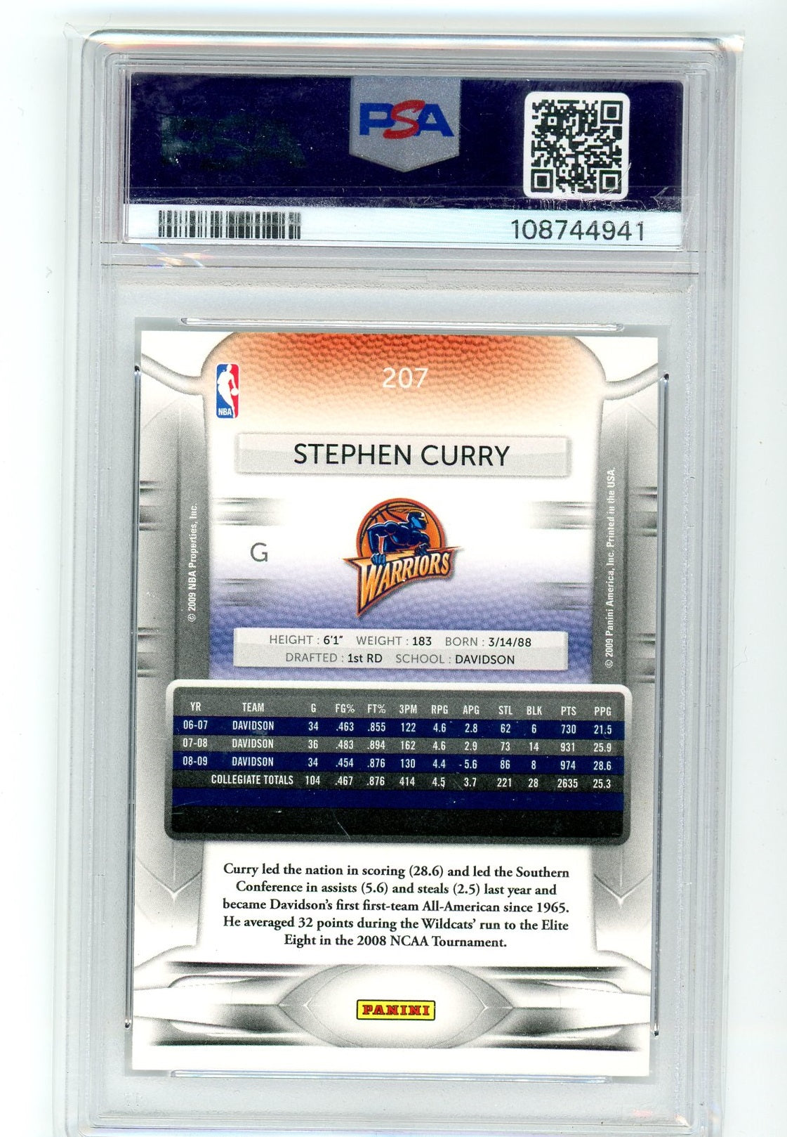 2009 Panini Prestige Stephen Curry RC PSA 8