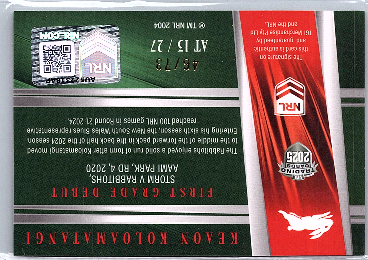 2025 NRL Traders Keaon Kolomatangi Auto At13 27
