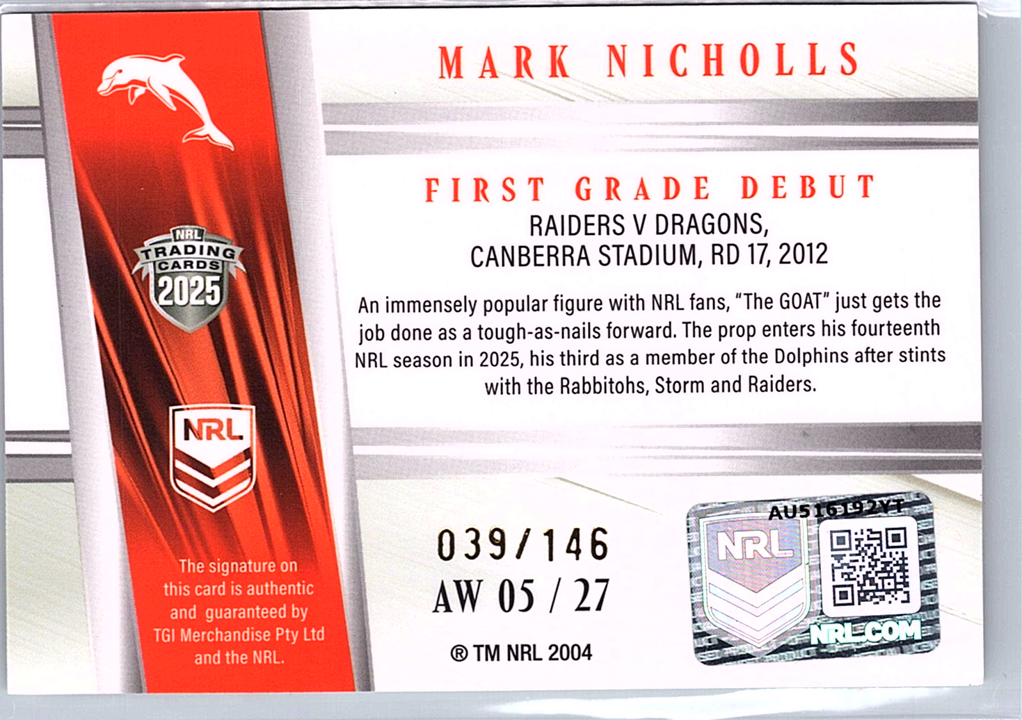 2025 NRL Traders Mark Nicholls Auto AW05 27