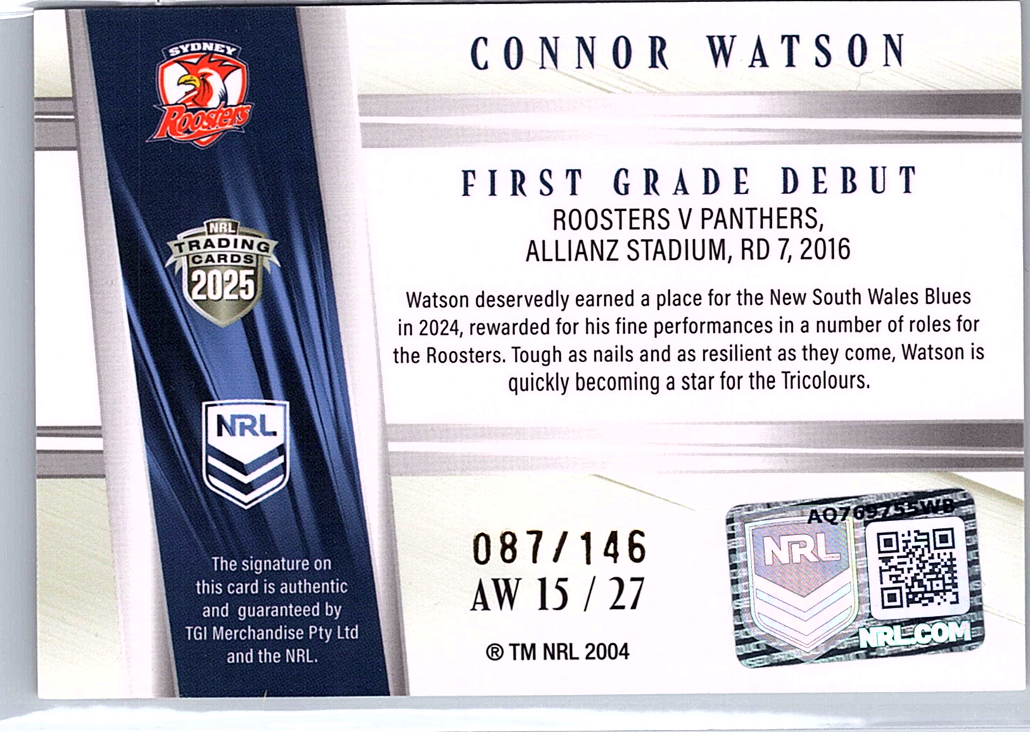 2025 NRL Traders Connor Watson Auto AW15 27