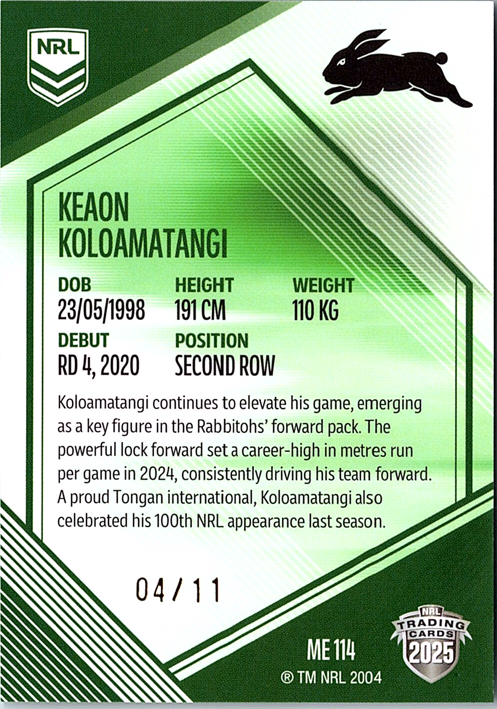 2025 NRL Elite Keaon Koloamatangi Mojo Emerald ME014 /11