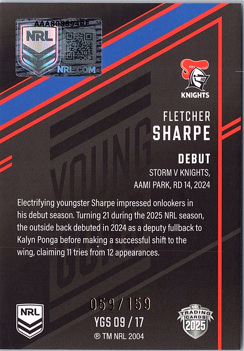 2025 NRL Elite Fletcher Sharpe Young Guns Auto /159