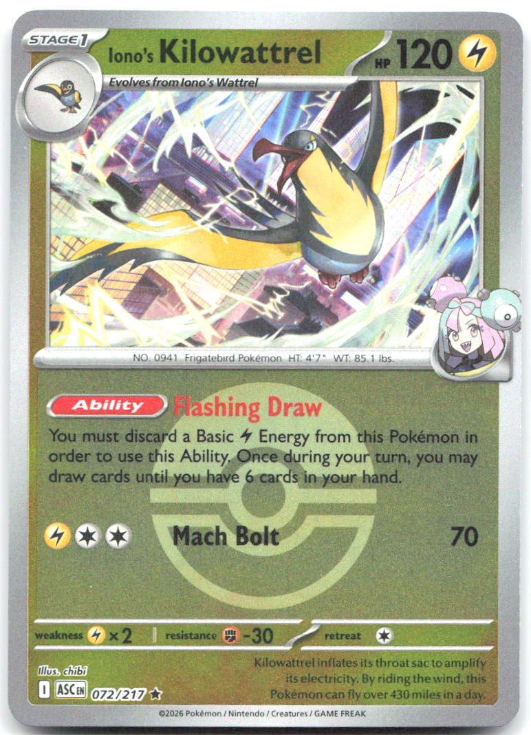 Iono's Kilowattrel (Poke Ball) ASC Reverse Holo NM