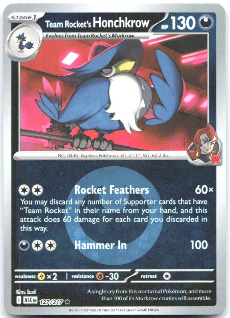 Team Rocket's Honchkrow (Energy Symbol Pattern) ASC Reverse Holo NM