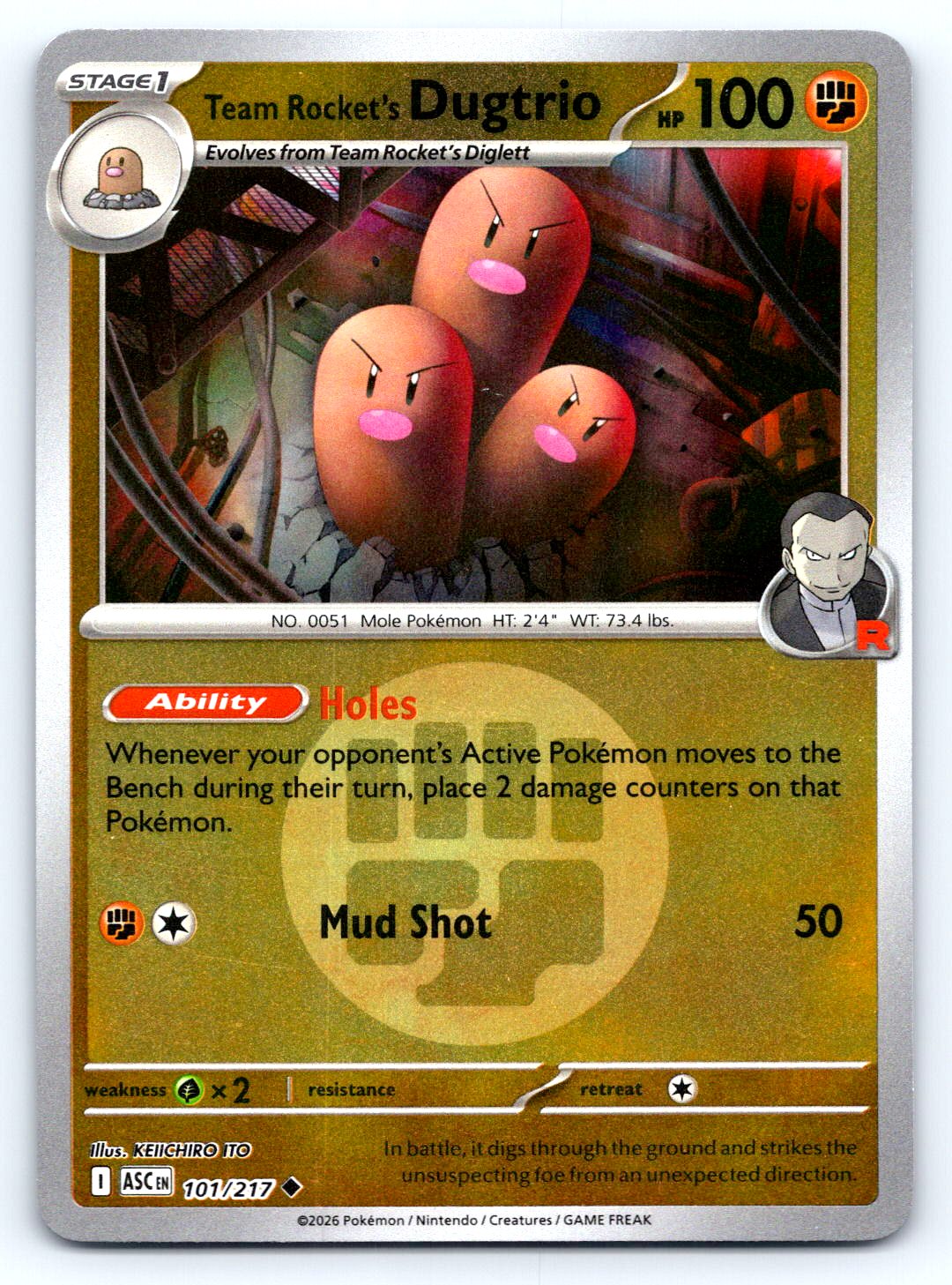 Team Rocket's Dugtrio (Energy Symbol Pattern) ASC Reverse Holo NM