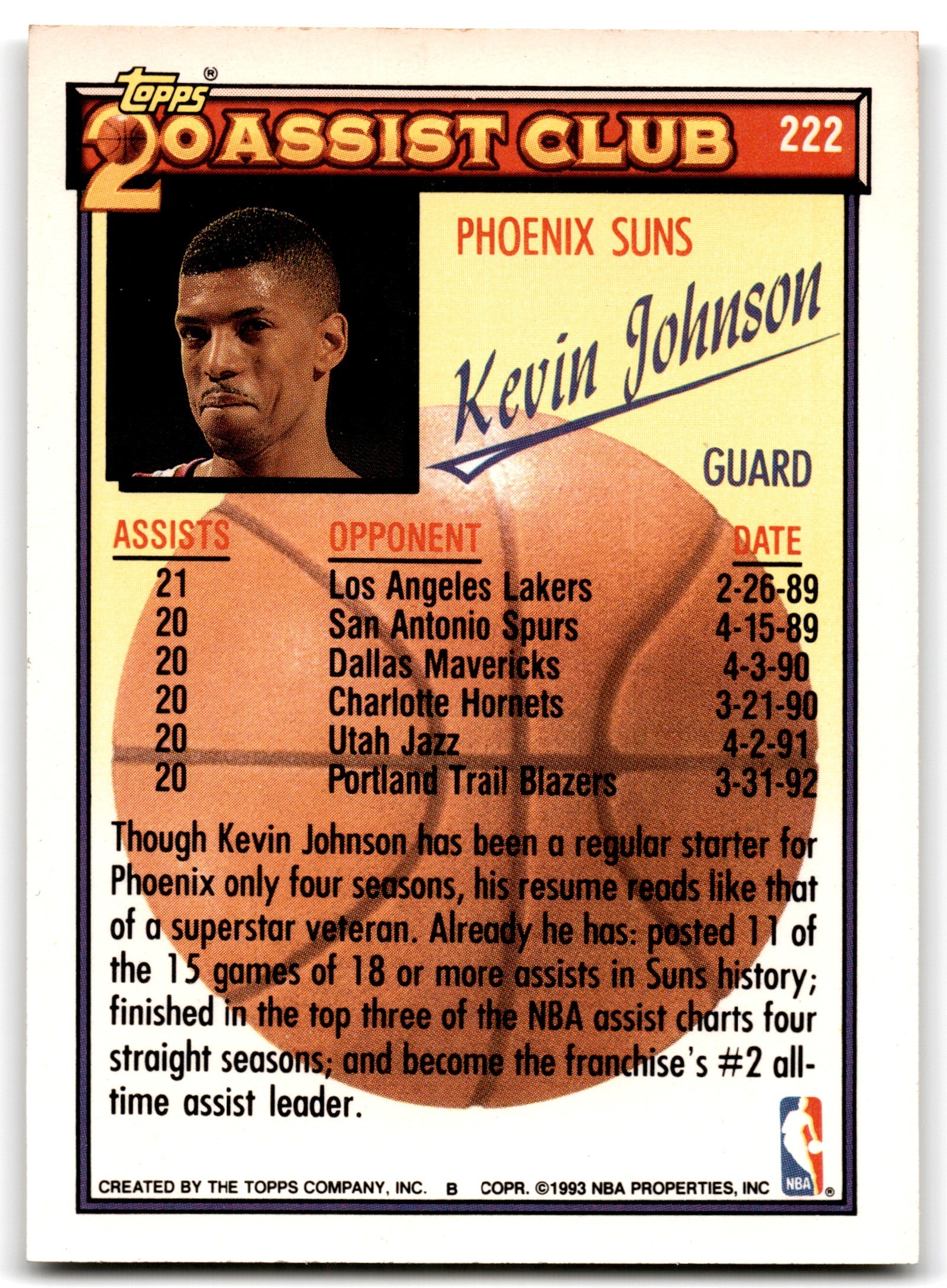 1992 Topps Gold Kevin Johnson Phoenix Suns Card 222