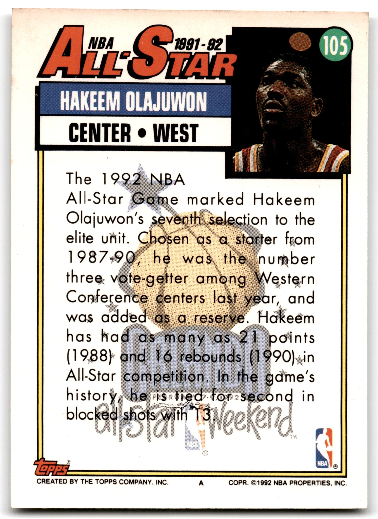 1992 Topps Hakeem Olajuwon Houston Rockets Card 105