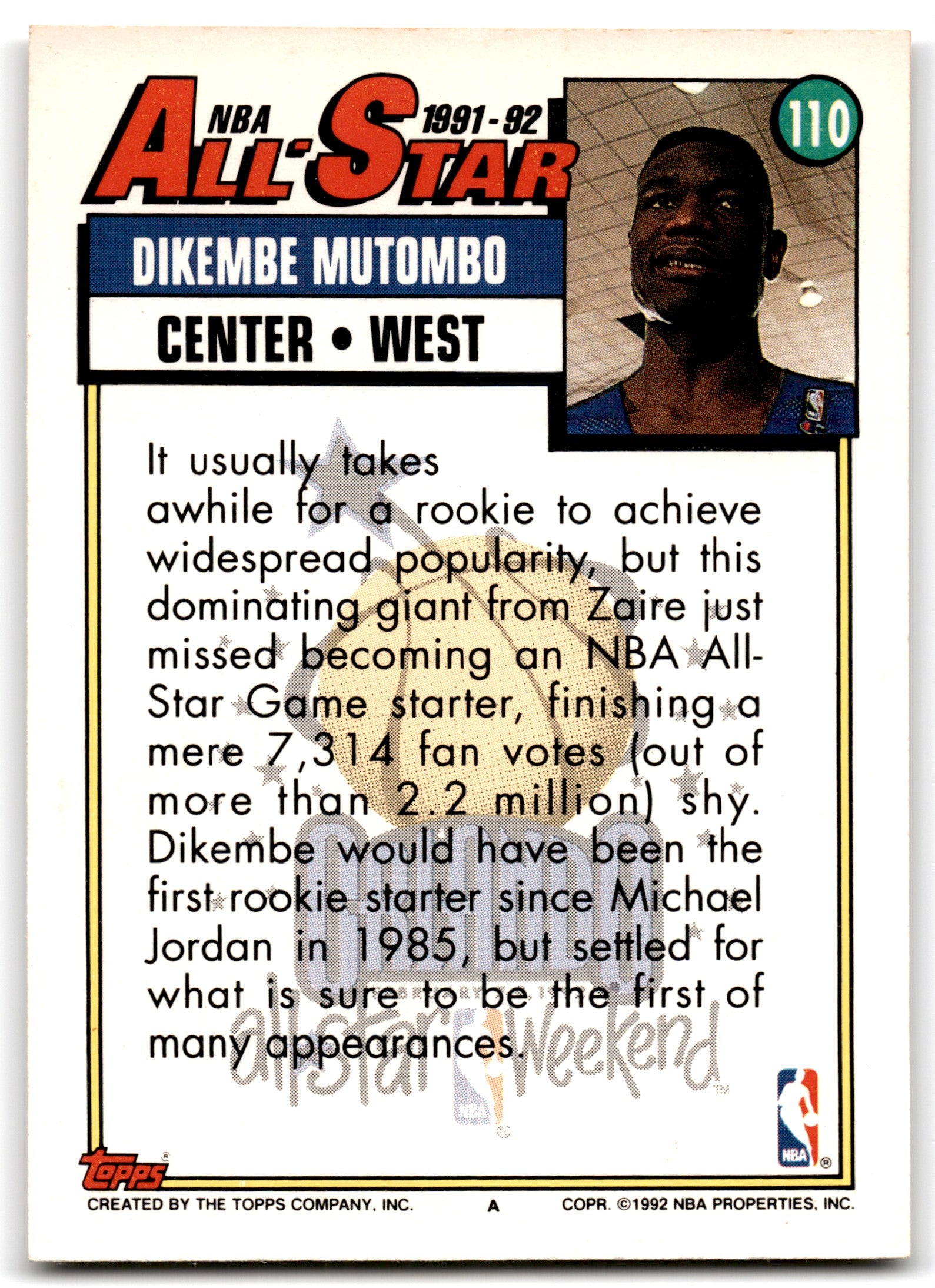 1992 Topps Dikembe Mutombo Denver Nuggets Card 110
