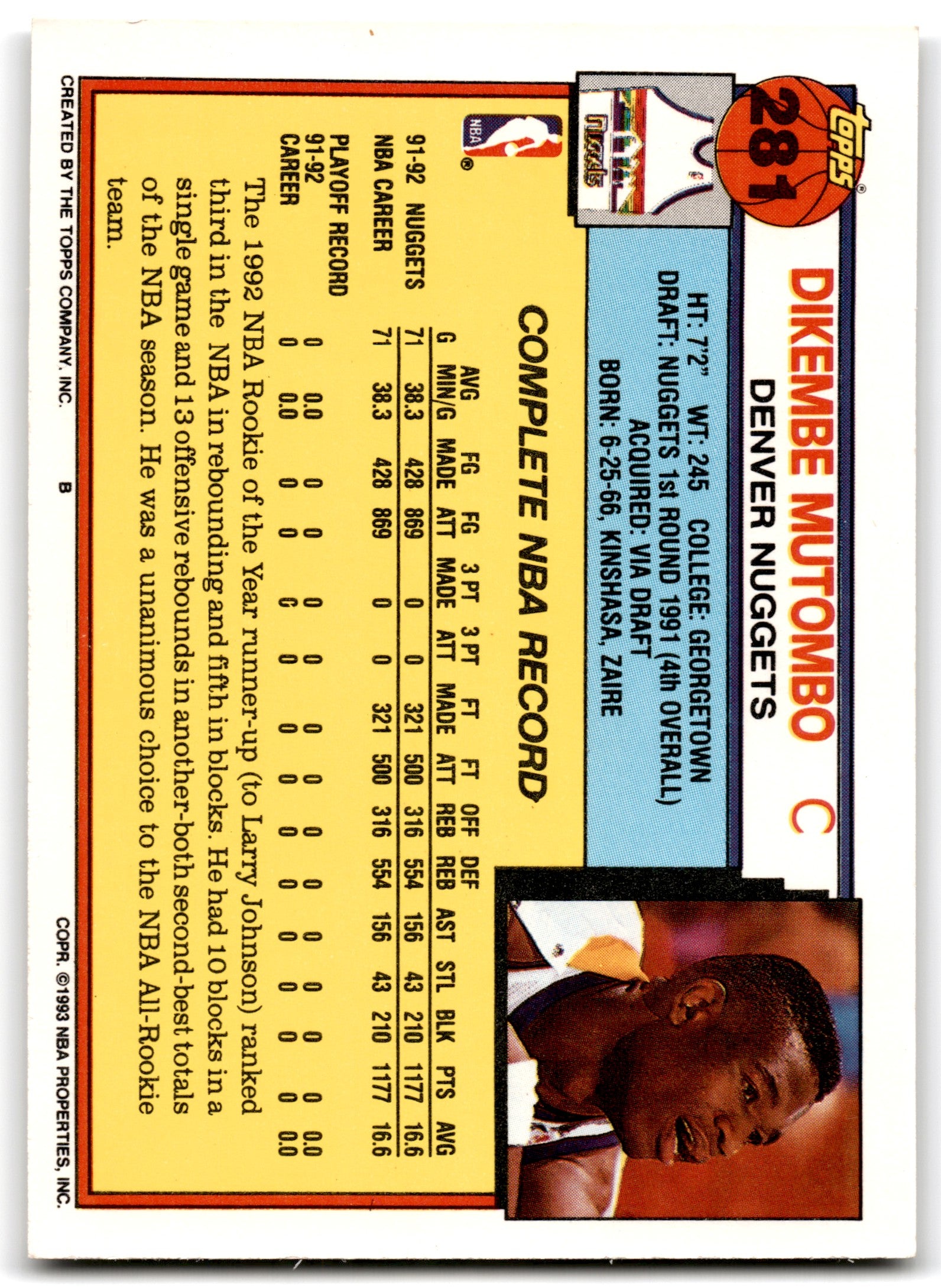 1992 Topps Dikembe Mutombo Denver Nuggets Card 281