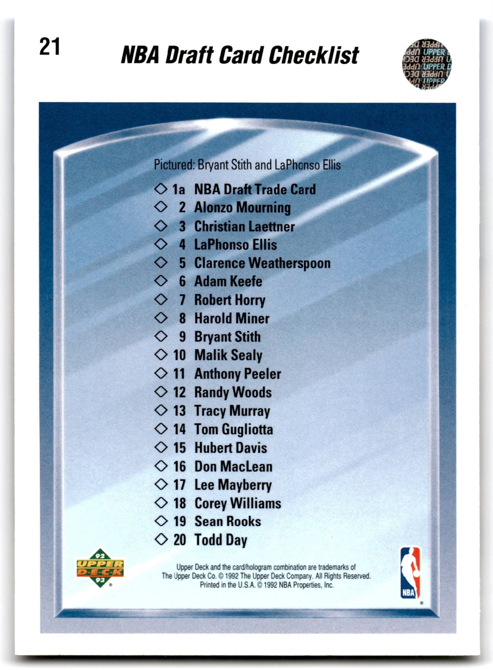 1992 Upper Deck NBA Draft Card Checklist DPK Denver Nuggets 21