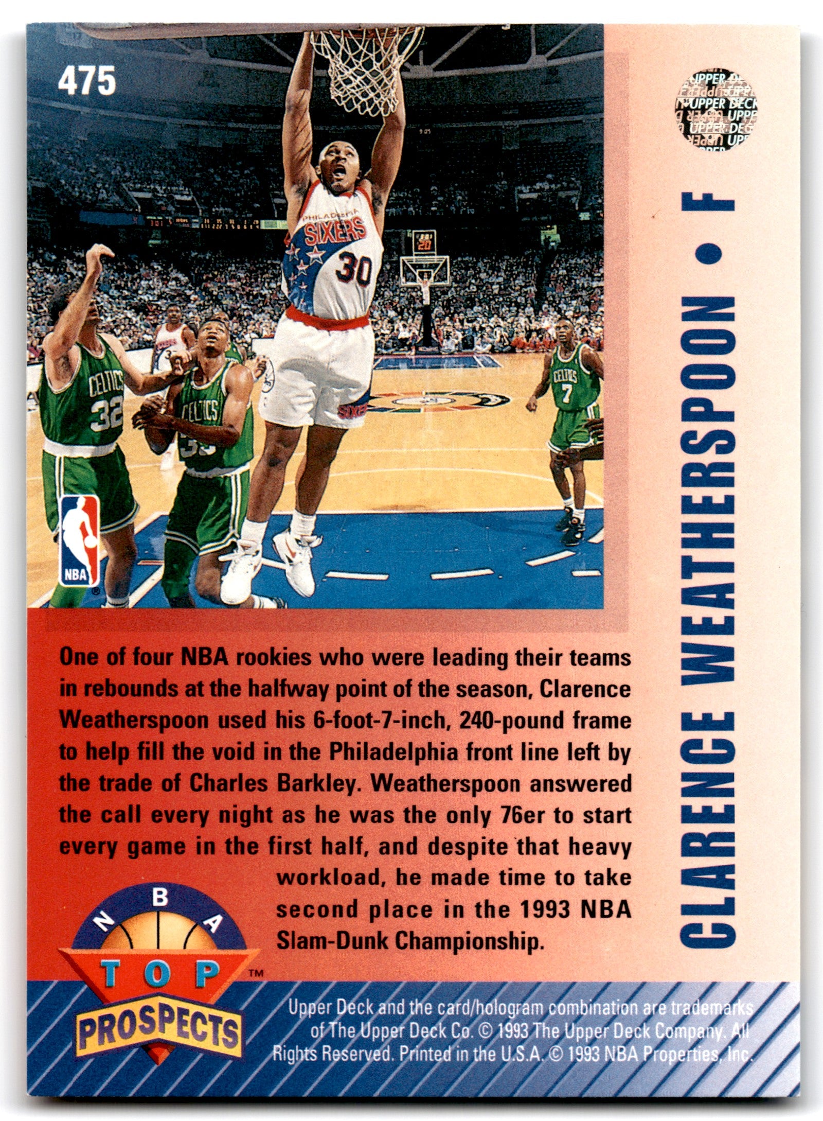 1992 Upper Deck Clarence Weatherspoon Philadelphia 76ers 475