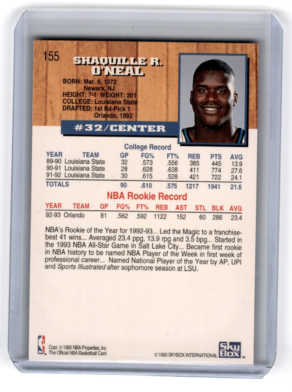1993 Hoops Shaquille O'Neal Card 155
