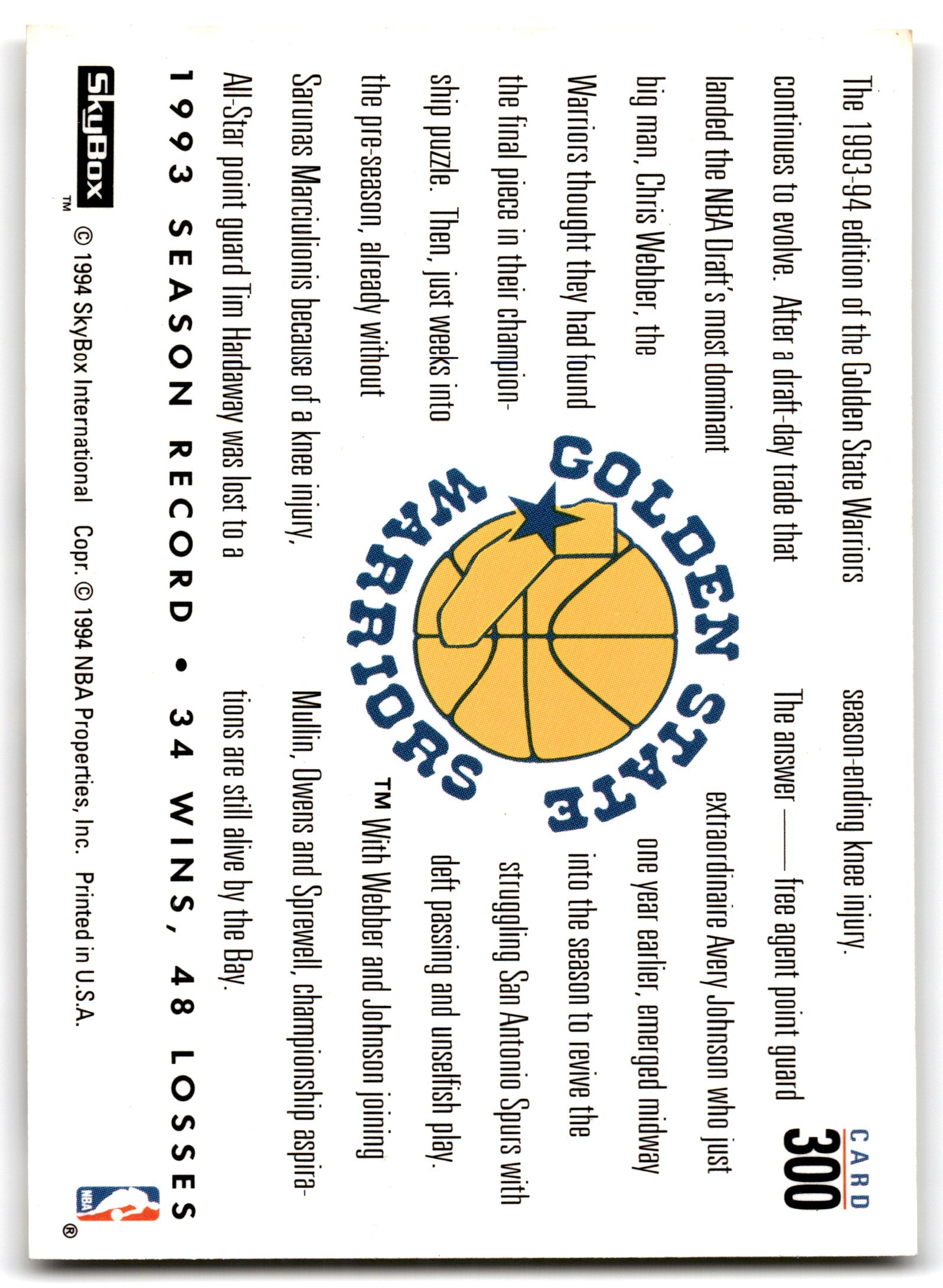 1993 SkyBox Chris Webber/Avery Johnson Golden State Warriors Card 300