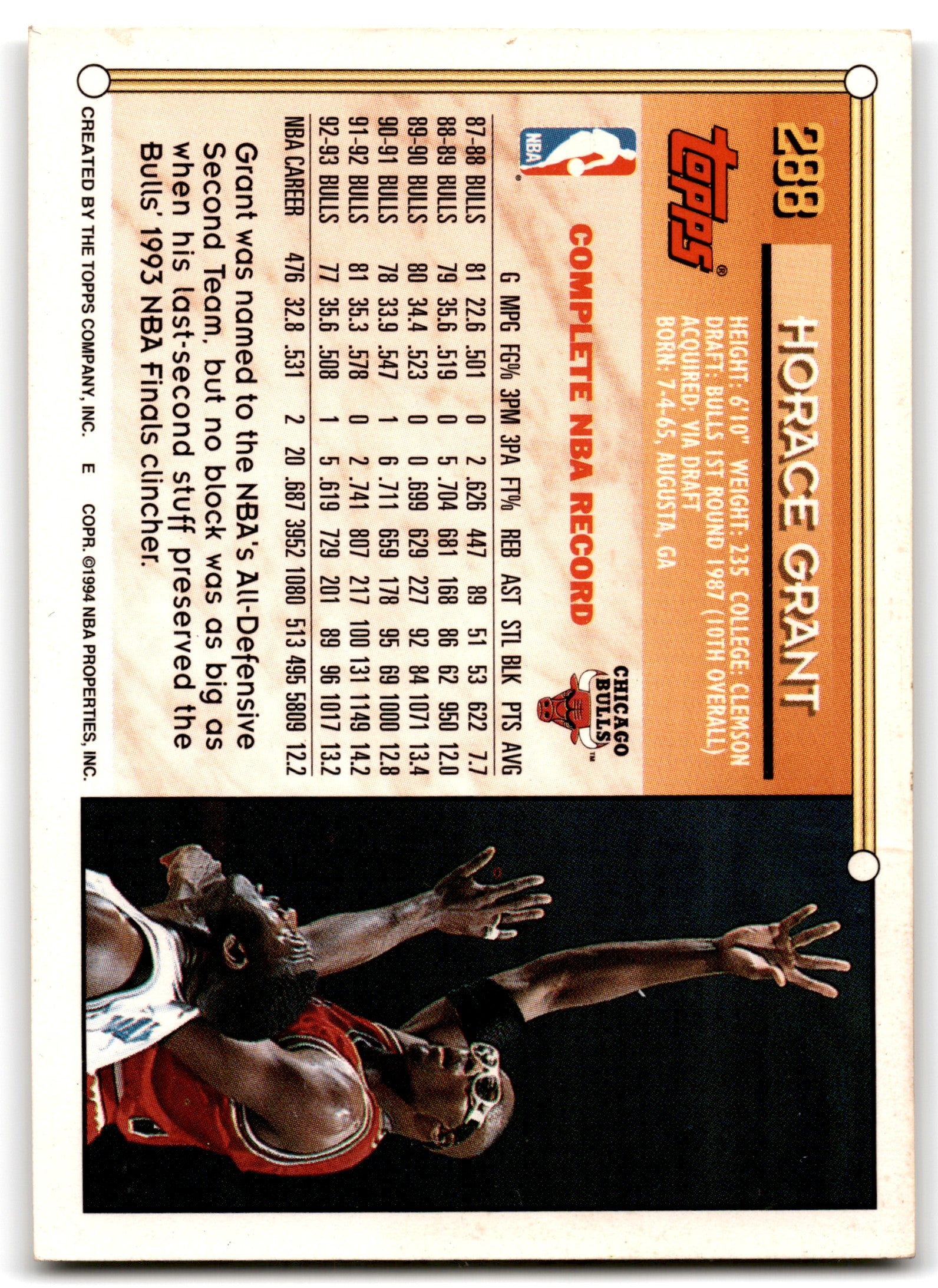 1993 Topps Horace Grant Chicago Bulls Card 288