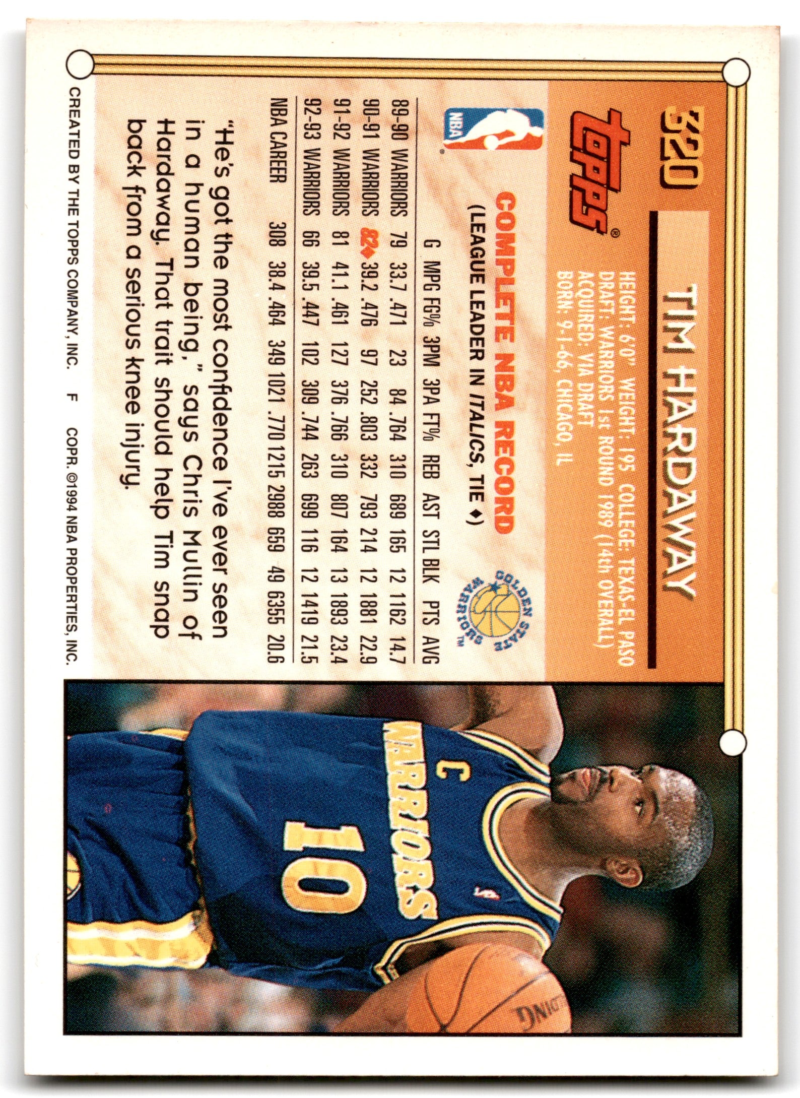 1993 Topps Tim Hardaway Golden State Warriors Card 320
