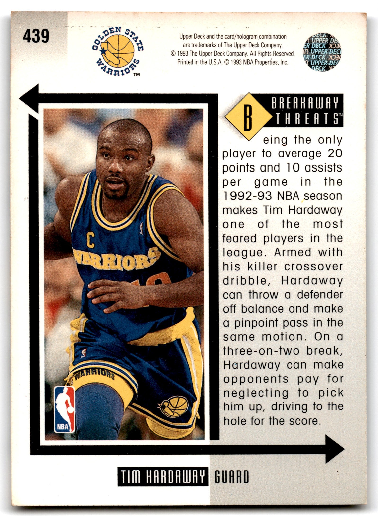 1993 Upper Deck Tim Hardaway Golden State Warriors Card 439