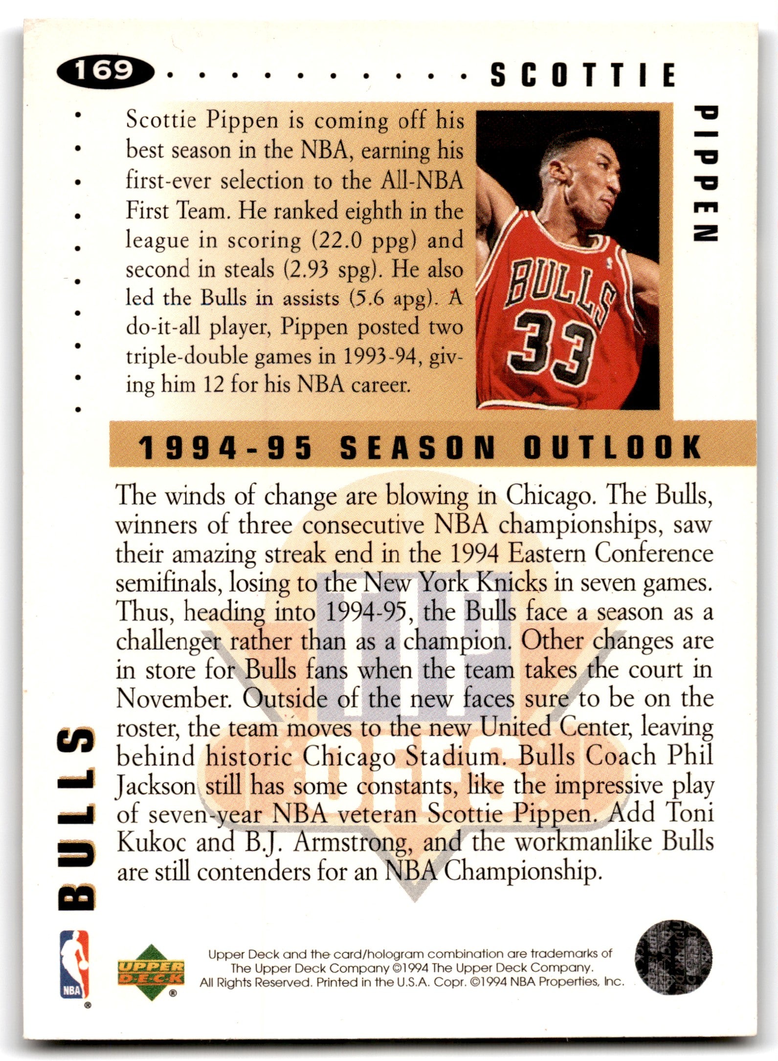 1994 Collector's Choice French Gold Signatures Scottie Pippen Chicago Bulls Card 169