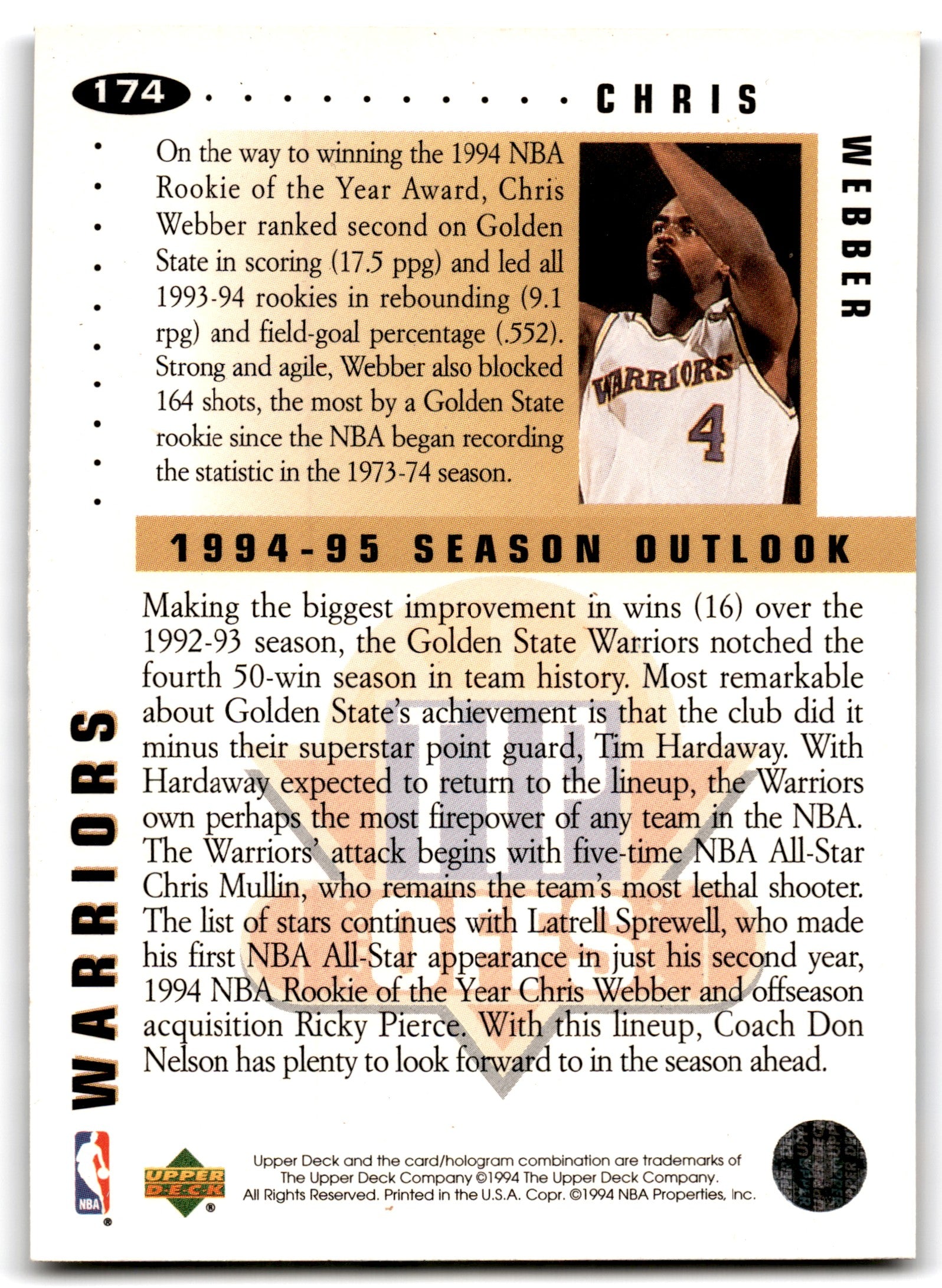 1994 Collector's Choice Silver Signatures Chris Webber Golden State Warriors Card 174