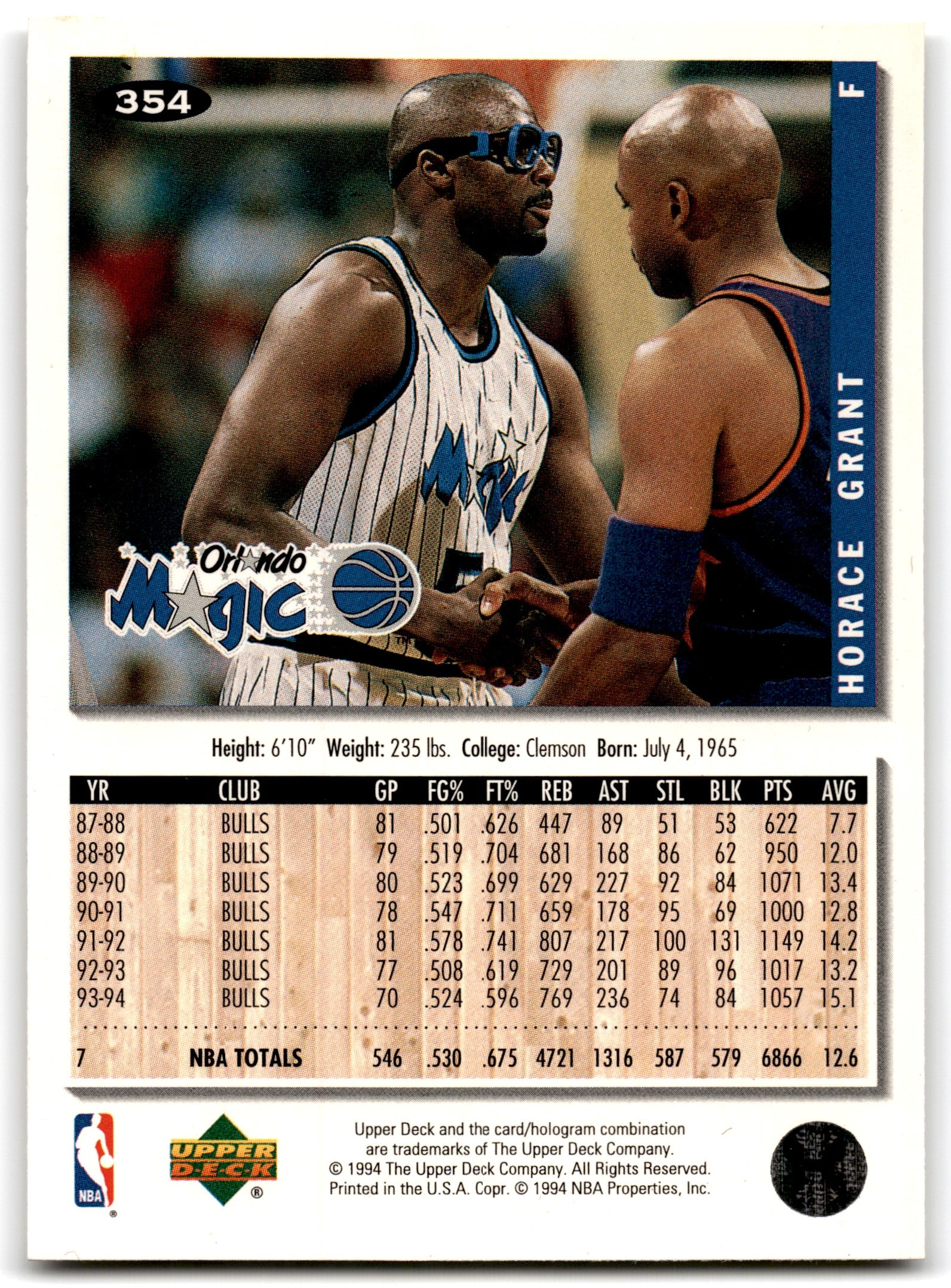 1994 Collector's Choice Horace Grant Orlando Magic Card 354