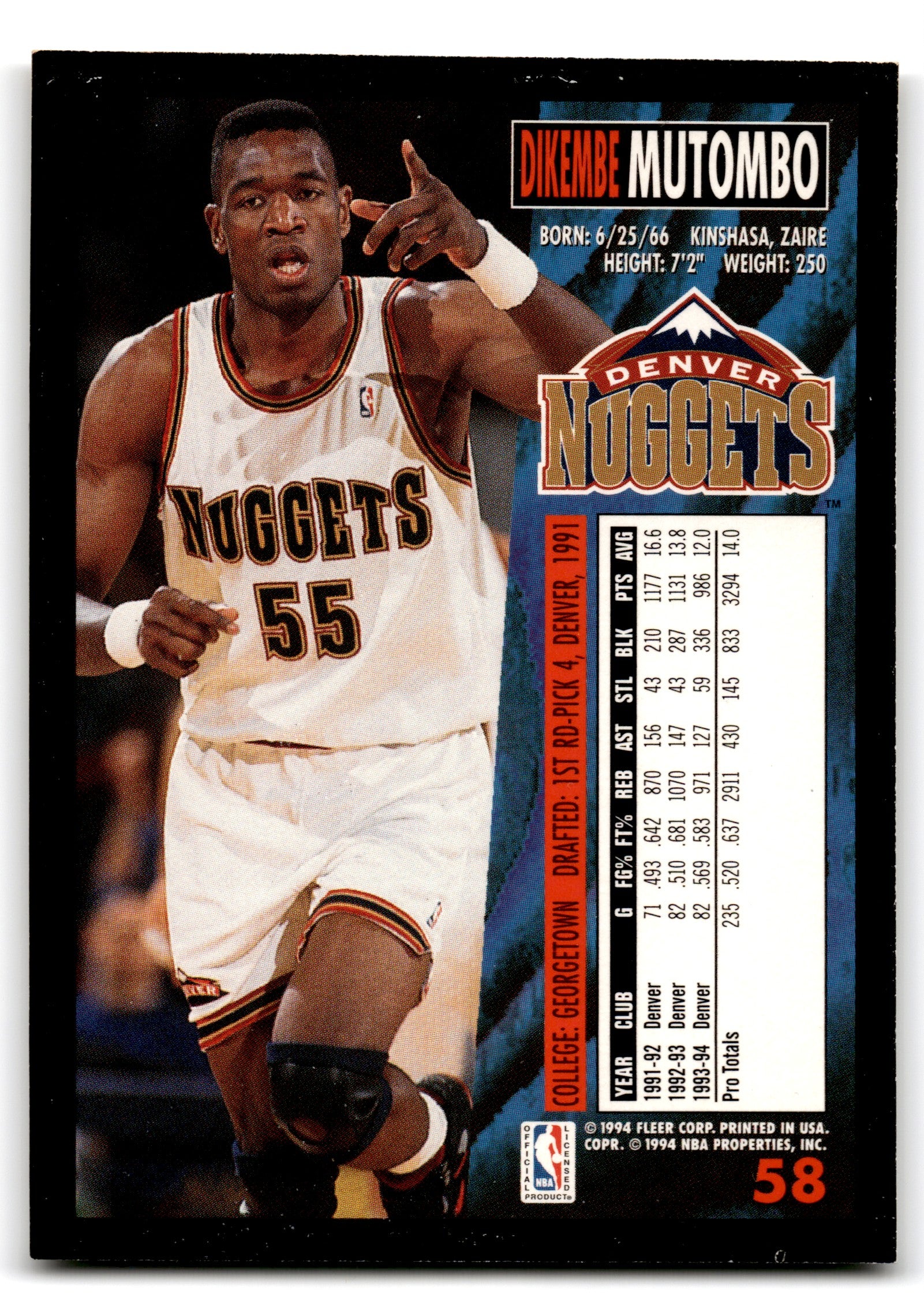 1994 Fleer Dikembe Mutombo Denver Nuggets Card 58