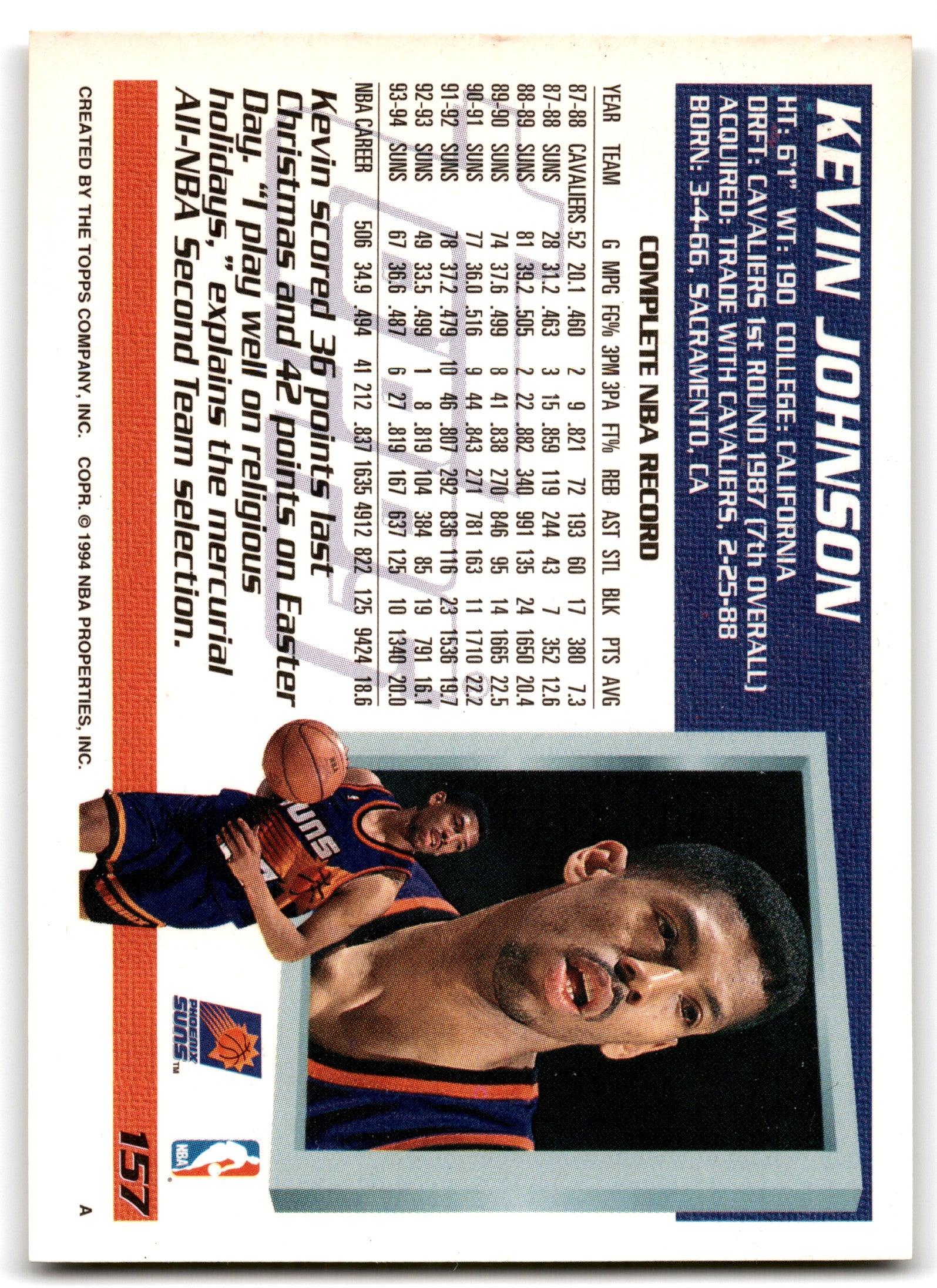 1994 Topps Kevin Johnson Phoenix Suns Card 157