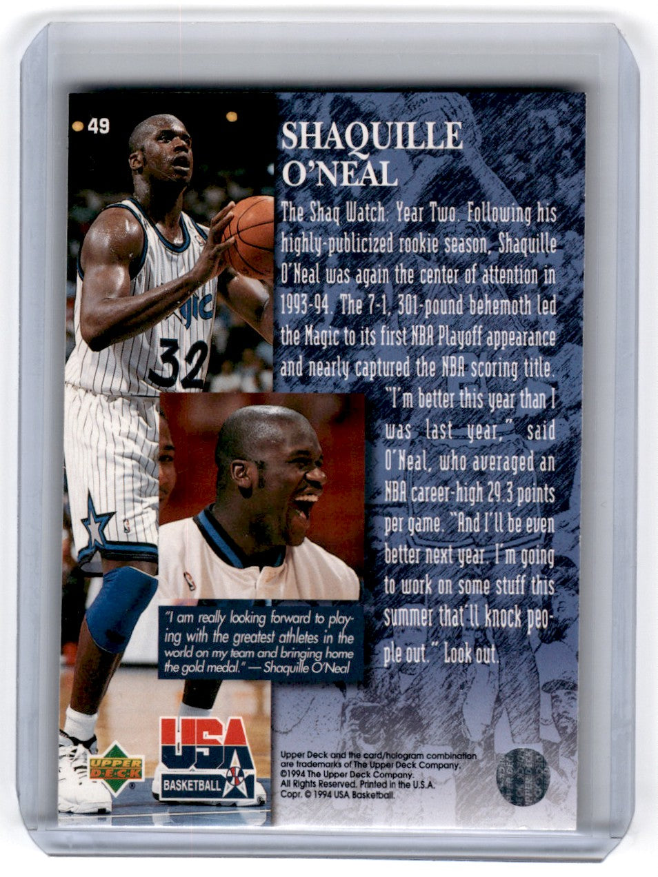 1994 Upper Deck USA Shaquille O'Neal Card 49