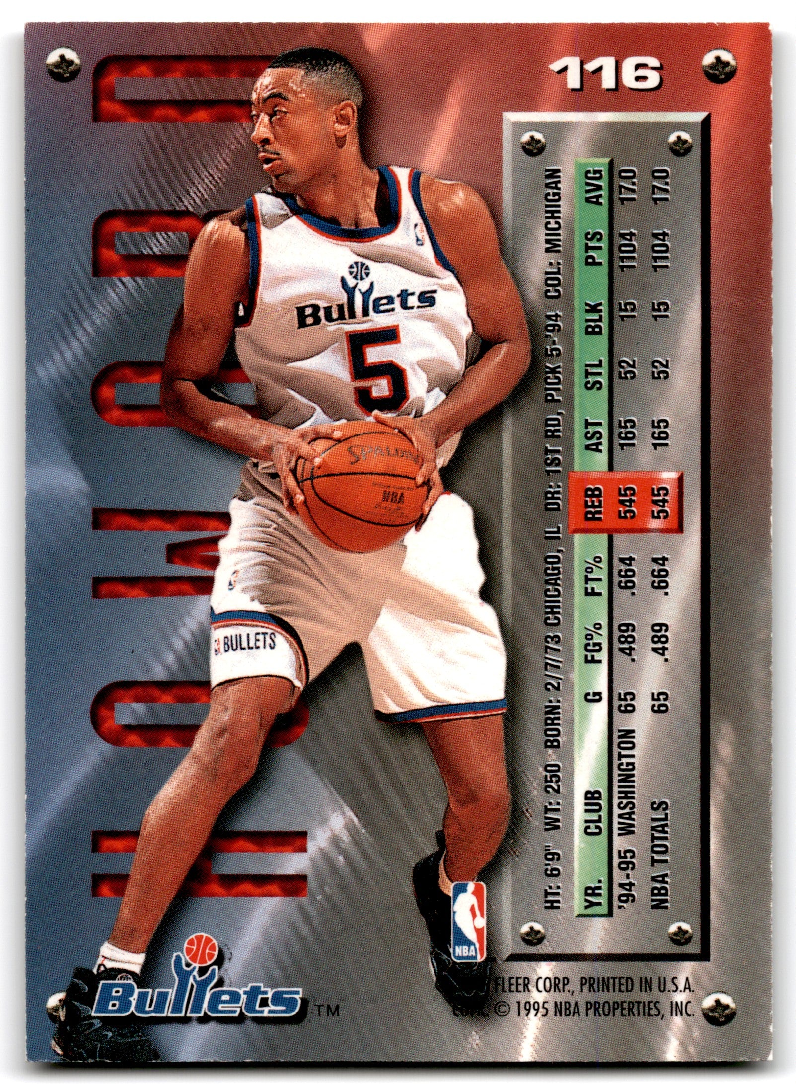 1995 Fleer Metal Juwan Howard Washington Bullets 116