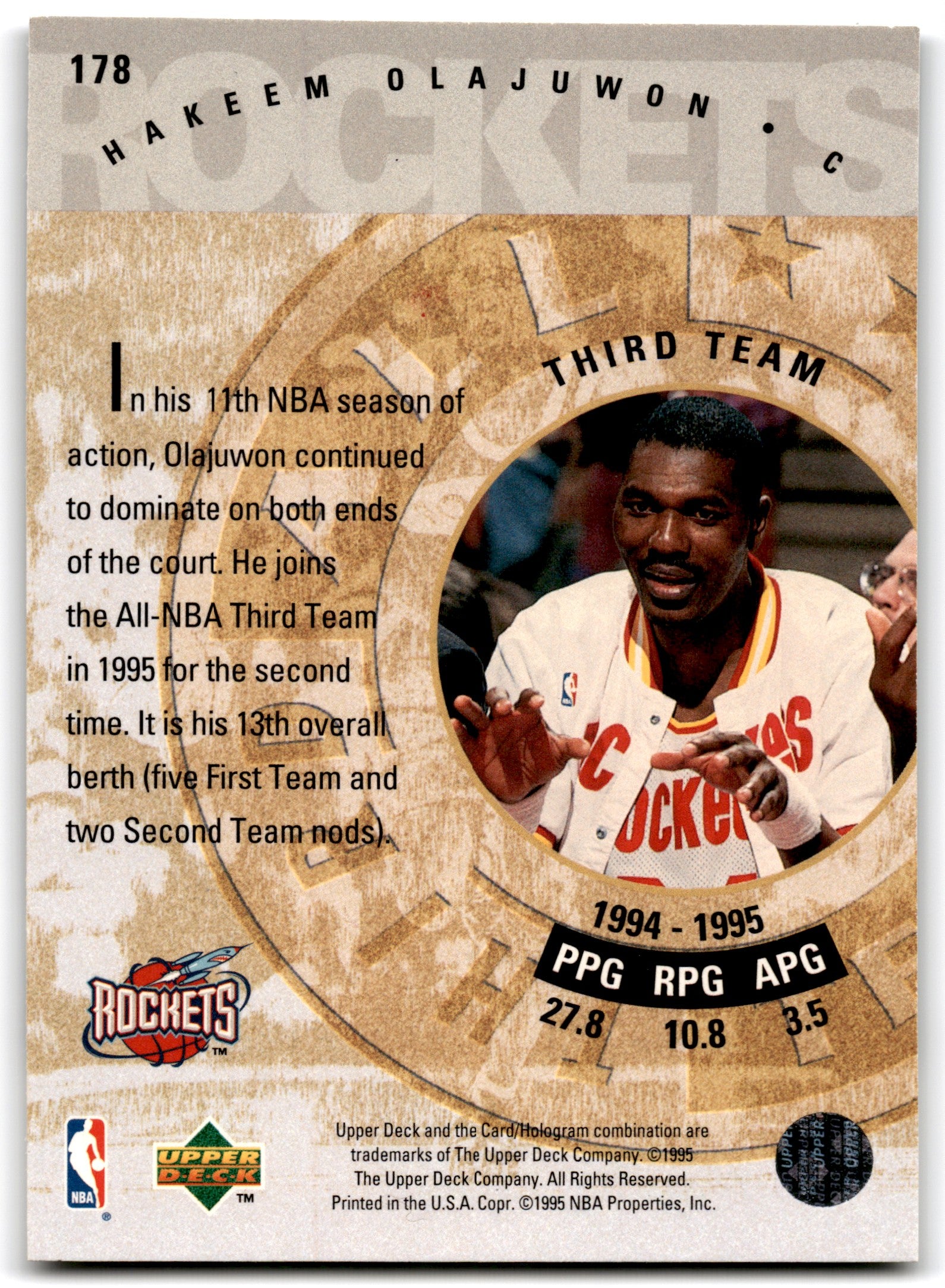 1995 Upper Deck Electric Court Hakeem Olajuwon Houston Rockets Card 178