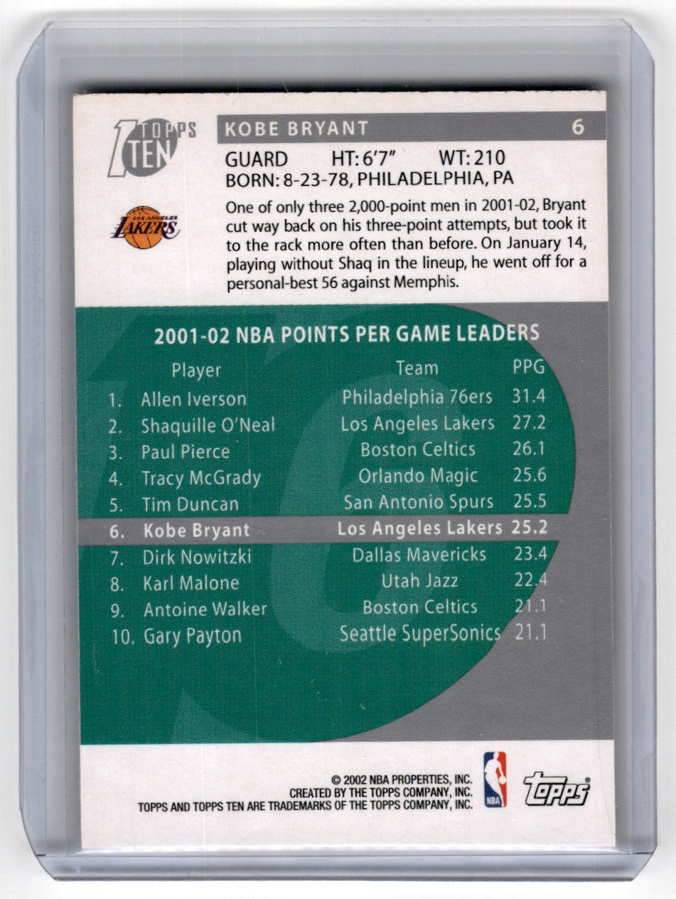 2002 Topps Ten Kobe Bryant Card 6