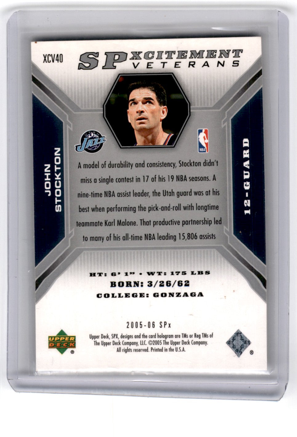 2005 SPx SPxcitement Veterans John Stockton Card XCV40 /999