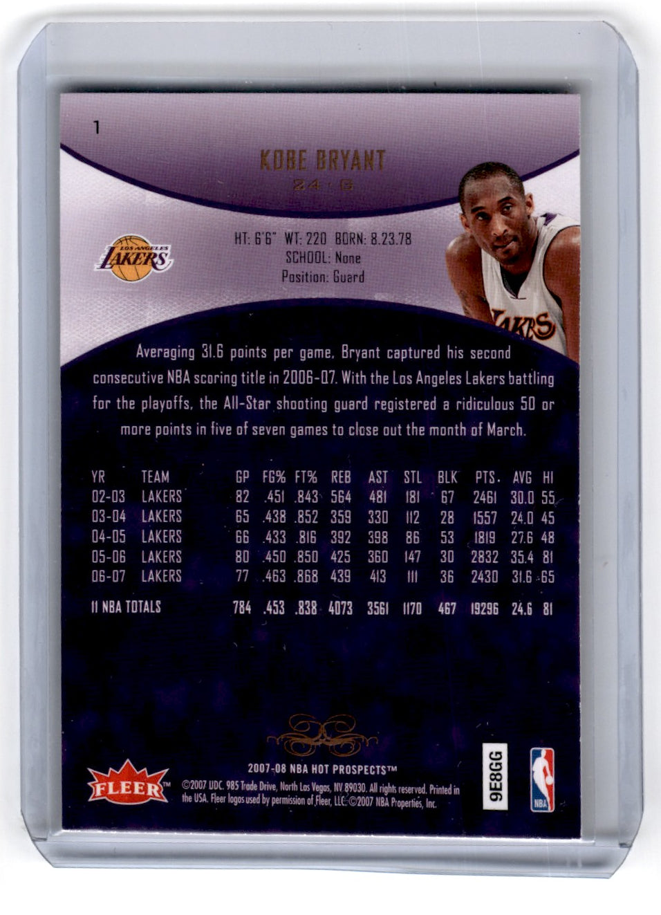 2007 Fleer Hot Prospects Kobe Bryant Card 1