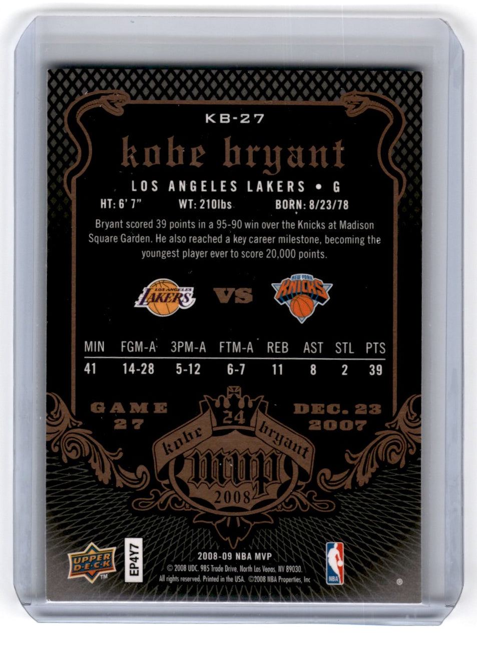 2008 Upper Deck MVP Kobe Kobe Bryant Card KB-27