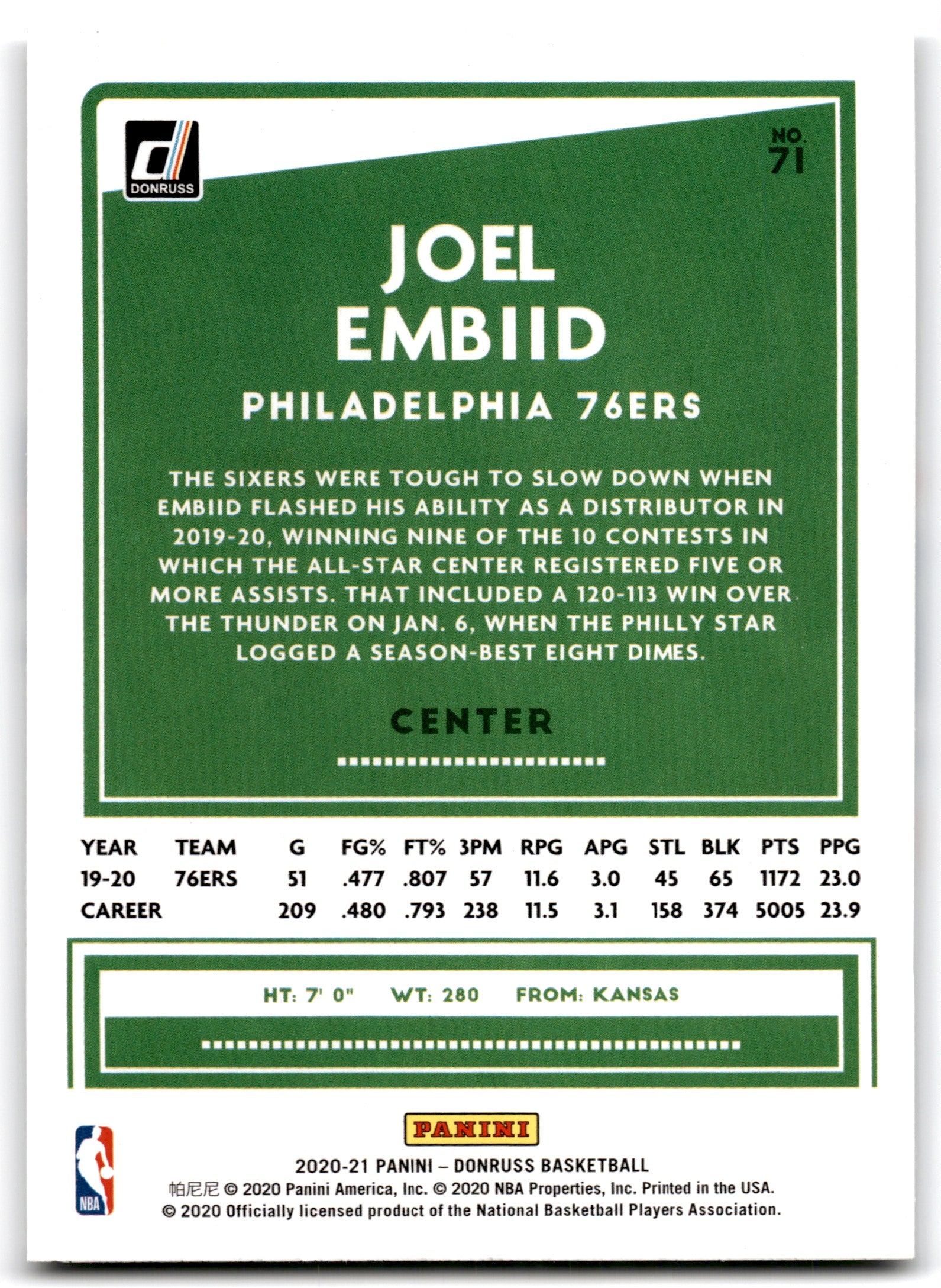 2020 Donruss Joel Embiid Philadelphia 76ers Card 34