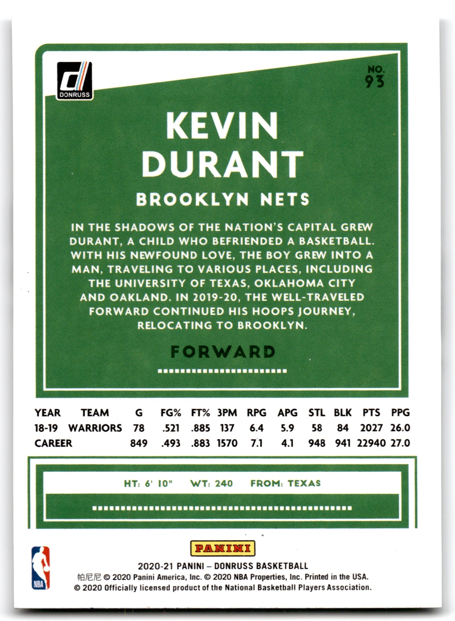 2020 Donruss Kevin Durant Brooklyn Nets Card 5