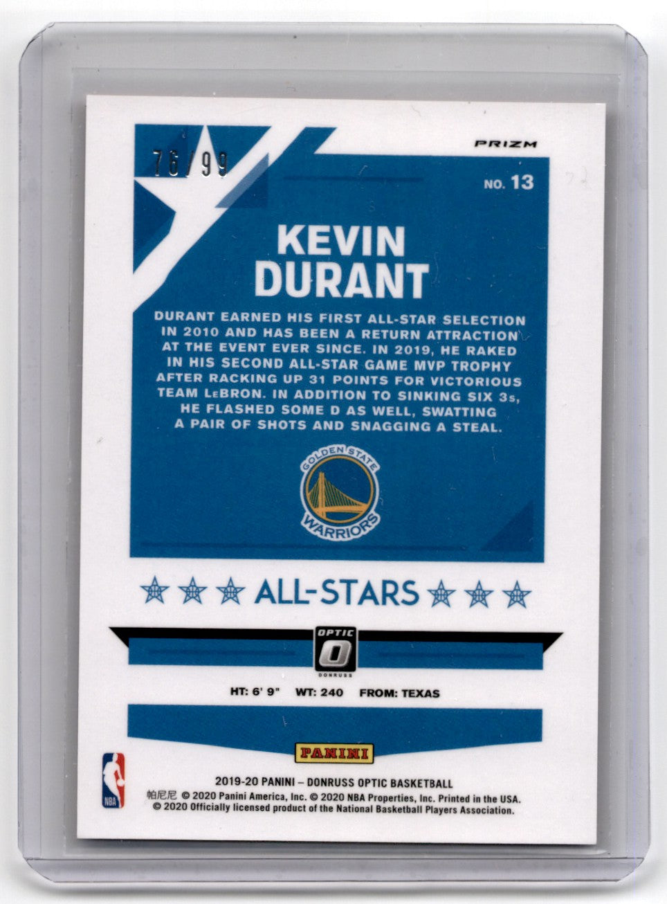 2019 Donruss Elite Kevin Durant All Stars Red Card 99 /99