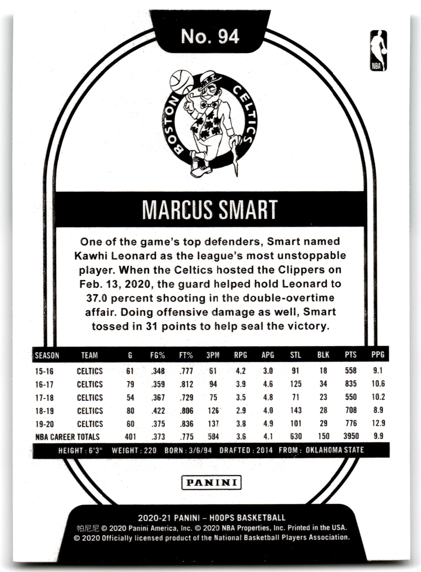 2019 Hoops Marcus Smart Boston Celtics Card 8
