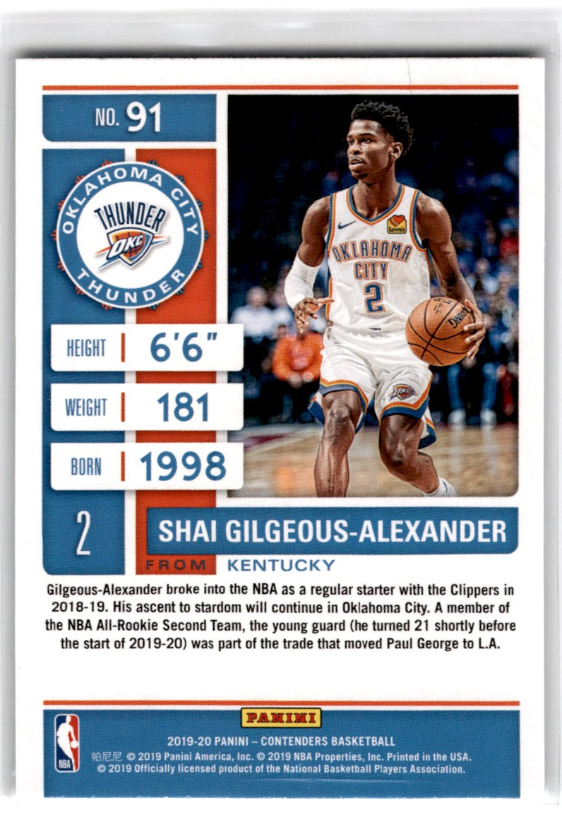 2019 Panini Contenders Game Ticket Shai Gilgeous-Alexander Card 91