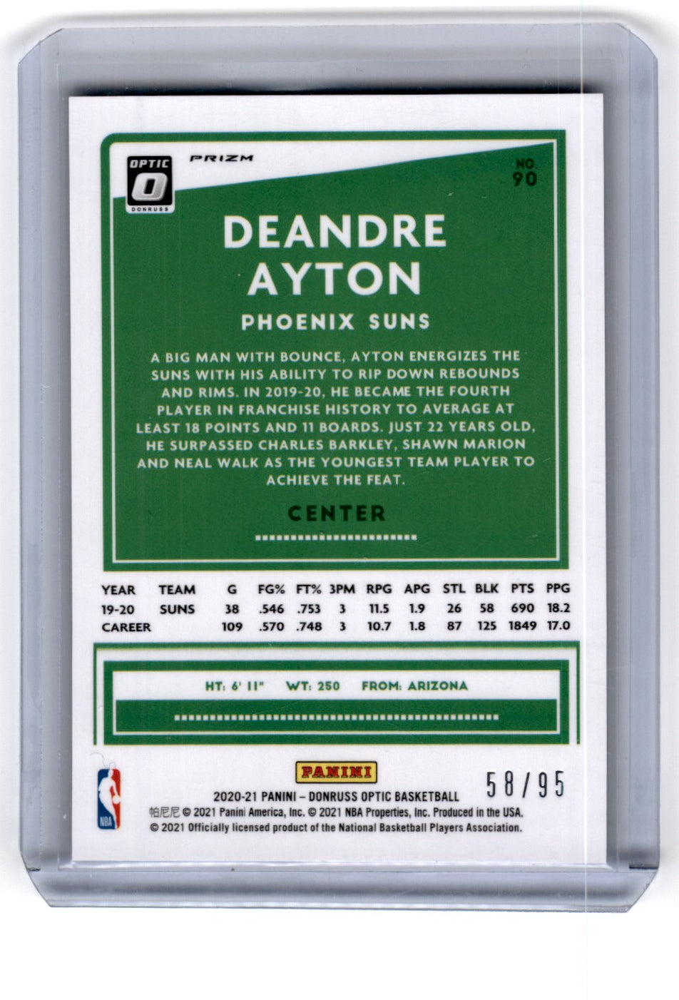 2020 Donruss Optic Black Deandre Ayton Purple Disco Card 90